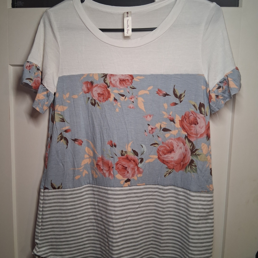 Vanilla Bay Blue Floral and Stripe Top